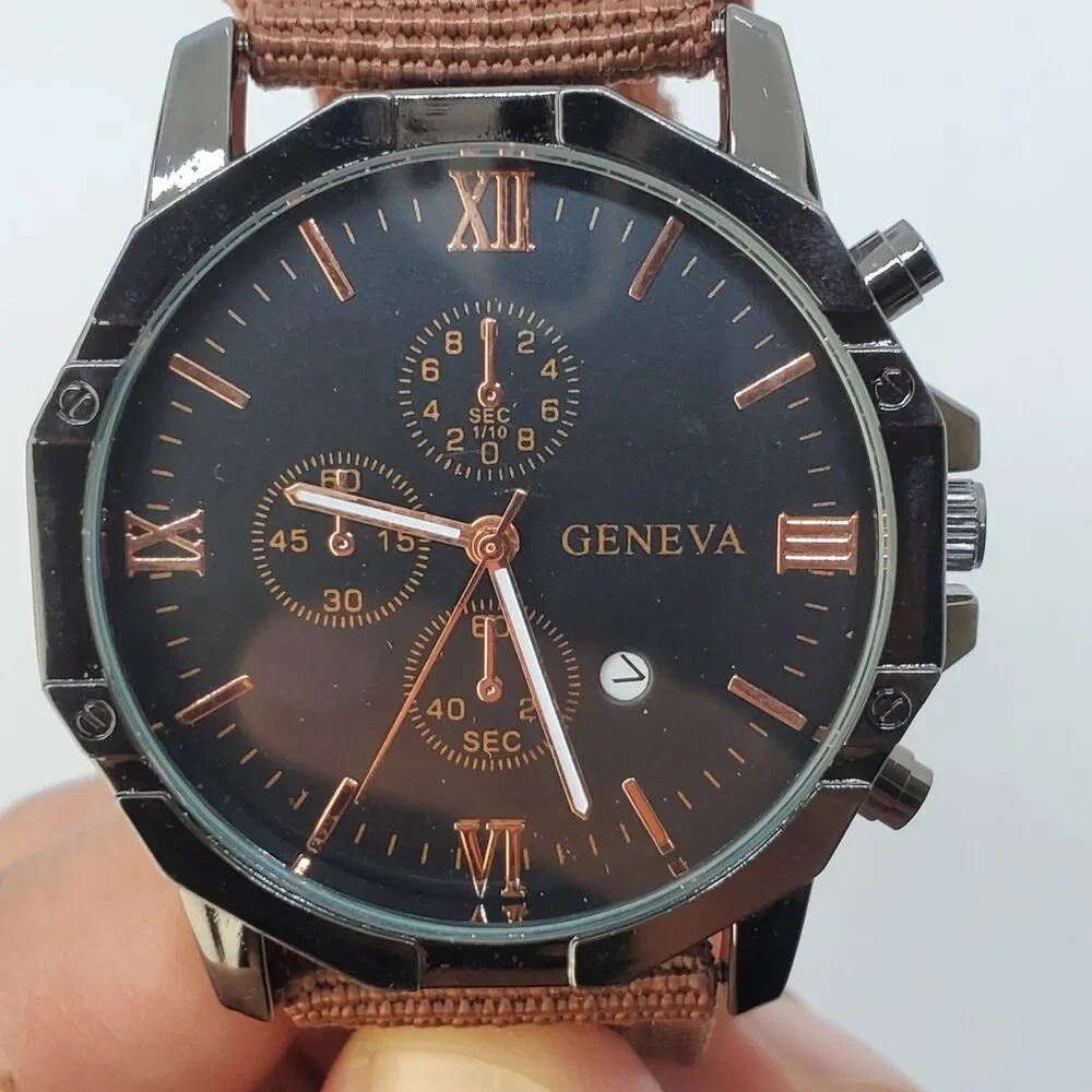 Men's Watch 42MM Black Dial Black Case Brown Canvas Band‎ Straps Date Indicator